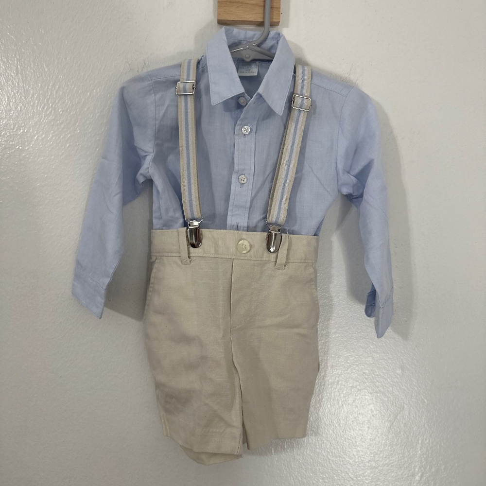 Edgehill Collection Blue Button Down Shirt & Shorts Set Suspenders Sz 18 Months
